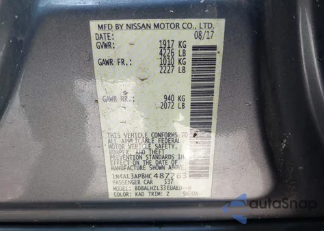 2017 Nissan Altima 2.5 Sr из США, поврежденный, VIN 1N4AL3AP8HC487263